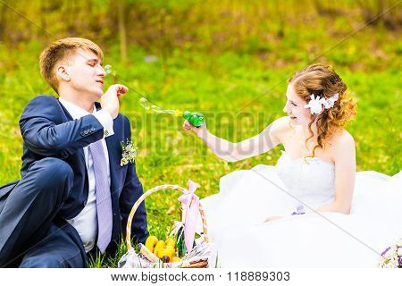 Happy bride and groom outdoor