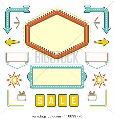 Retro American 1950s Sign Design Elements Set. Billboard Signage Light Bulbs