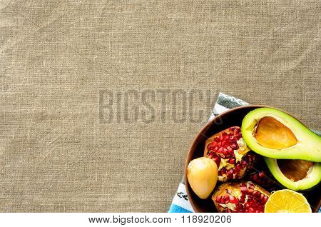 Top Flat View Of Healthy Breakfast On Linen Fabric With Copy Space