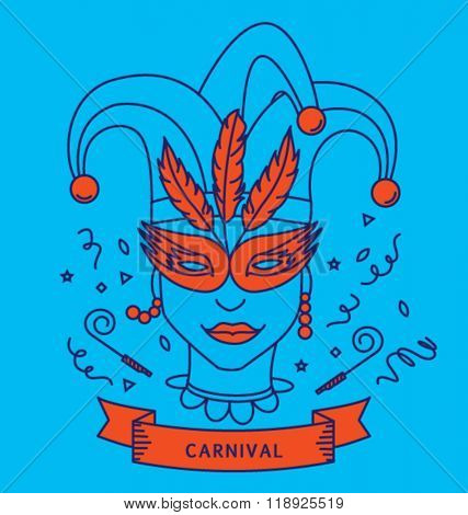 CARNIVAL COSTUME OUTFIT. Party portrait, line art, monoline style. Editable vector illustration file.