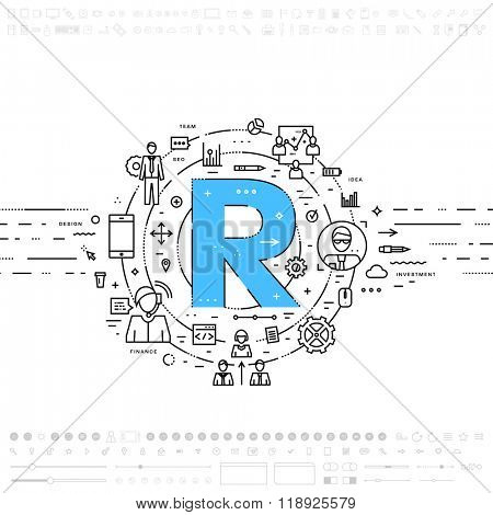 Alphabet Letter R. Flat Style, Thin Line Art Design. Set of application development, web site coding, information, mobile technologies, business icons and elements. Modern concept vectors collection