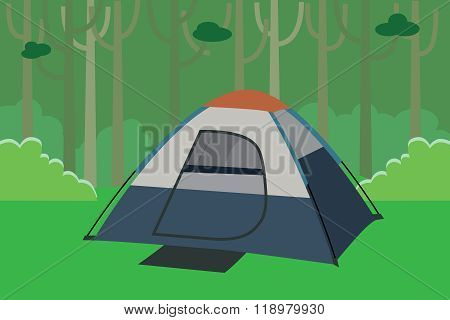Tent Camping In The Jungle With Trees In The Forest Vector Illustration