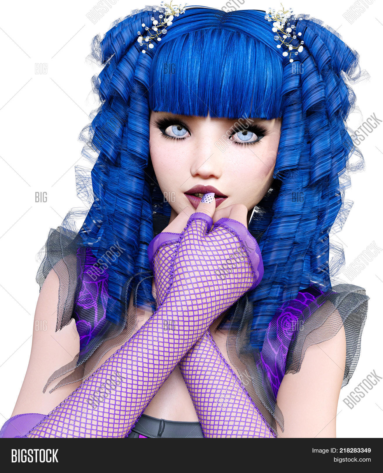 Young beautiful girl with doll face posing photo shoot short light purple dress stockings