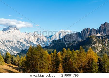 Beautiful Autumn Colors In Dolomites Mountain, Tofana Peak, Cinque Torri Mountain