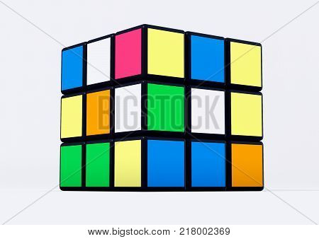 SAO PAULO - BRAZIL - DECEMBER 14, 2017 3D Rubik cube illustration on the white background. Rubik's Cube invented by a Hungarian architect Erno Rubik in 1974.