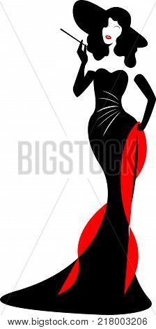 shop logo fashion woman, black silhouette diva with hat in evening dress. Company logo design, Beautiful cover girl retro , vector isolated