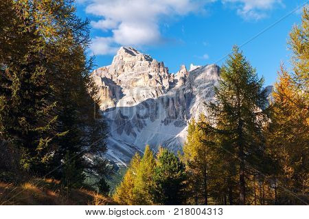 Beautiful Autumn Colors In Dolomites Mountain, Tofana Peak, Cinque Torri Mountain