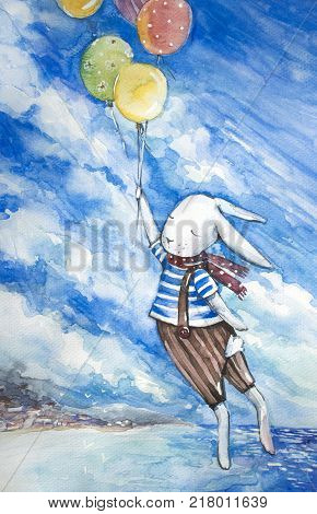 Cute bunny flying with colorful balloons in the sky under sea landscape background. Hipster rabbit character. Watercolor nursery illustration. Hand drawn childish art