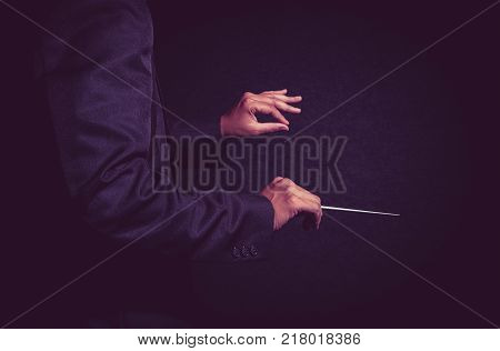 Orchestra conductor hands Musician director holding stick on dark background