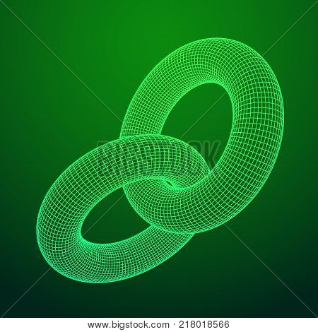 Wireframe polygonal element. 3D Torus chain with lines and dots abstract vector background