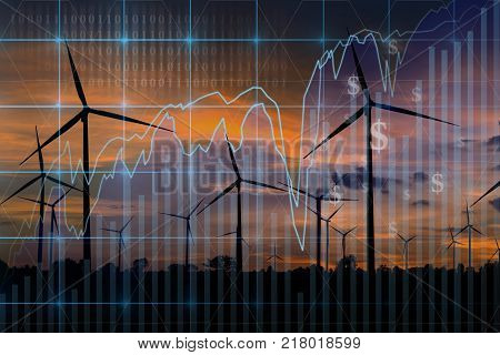 Trading graph on Wind turbine power generator at twilight time background Business financial concept, 3D illustration