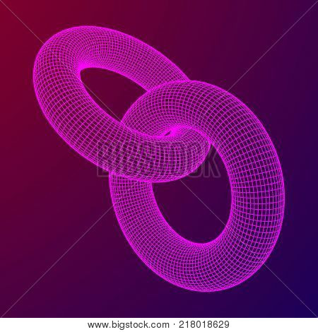 Wireframe polygonal element. 3D Torus chain with lines and dots abstract vector background