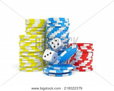 3d rendering of four different ace cards with casino chip stacks and white dice. Bets and stakes. Lose or win. Casino and luck.