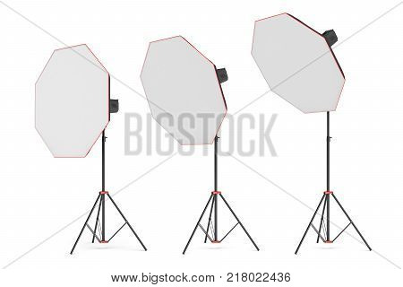 3d rendering of three large light with octoboxes stands turned down in several angles. Professional photo equipment. Light adjustment. Setting up octabox.