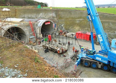 PILSEN / CZECH REPUBLIC - DECEMBER 10, 2017: Tunnel boring machine at railroad construction site. Building of new high speed track to Germany.

