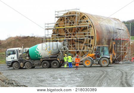 PILSEN / CZECH REPUBLIC - DECEMBER 10, 2017: Tunnel boring machine at railroad construction site. Building of new high speed track to Germany.

