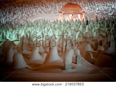 Mystical graveyard memorial in winter snow night