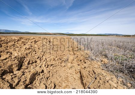 Ploughed and stubble fields in an agricultural landscape in Guadalajara Province, Spain