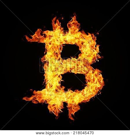 Crypto currency Bitcoin icon from fire flame isolated on black background.