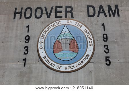 NEVADA, USA - June 30, 2017: Wall Sign at the Hoover Dam. The Sign shows the Start and Completion Date of Construction