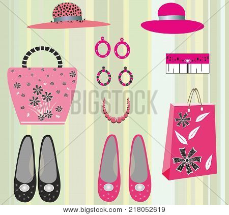 Pink and black shoes. Women's hats and bags.vector