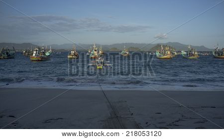 INDONESIA:Traditional fisherman boat at offshore of Tanjung Papuma Beach, Jember,Surabaya,East Java.