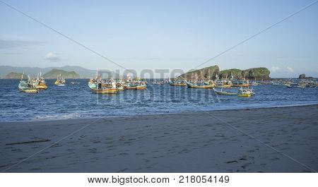 INDONESIA:Traditional fisherman boat at offshore of Tanjung Papuma Beach, Jember,Surabaya,East Java.
