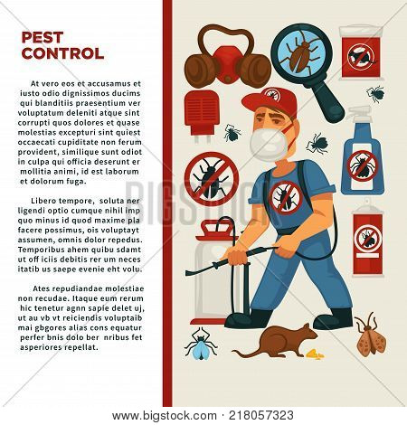 Extermination or pest control service and sanitary domestic disinfection vector flat design poster. Disinfector man with disinfectant liquid or gas spray against mouse rats, cockroaches and mite insects