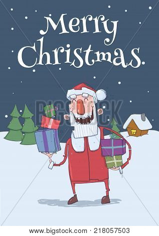 Christmas card of funny smiling Santa Claus. Santa with presents in the snowy night. Christmas trees and festive house. Vertical vector illustration. Cartoon character. Lettering. Copy space.