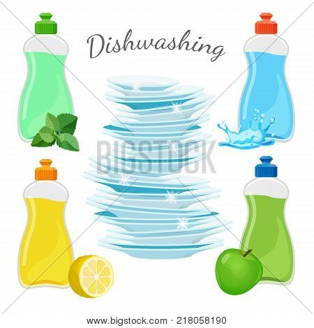 Dishwashing means with aromas of fresh mint, juicy lemon and green apple and pile of clean shiny dishes isolated cartoon flat vector illustration.