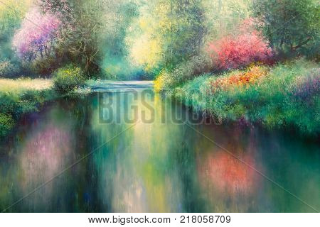 Oil Canvas Painting: Spring Meadow with Coloful Nature River and Trees.