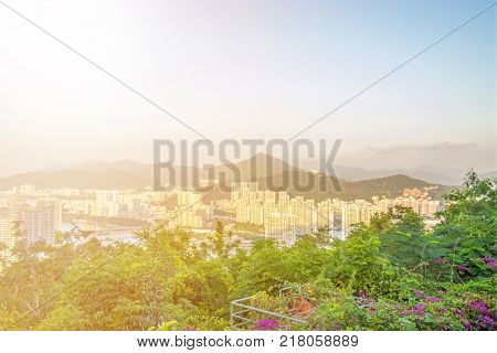panorama of the city of Sanya, a view of the city in the highest point, the island of the Phoenix. Asia