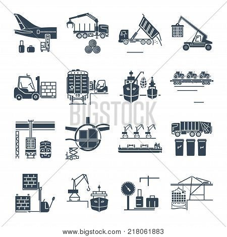 set of black icons loading and unloading of goods handling storage