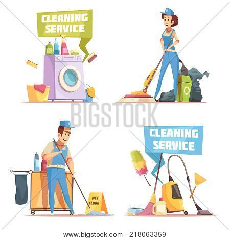 Cleaning service 2x2 design concept with employees of cleaning company washing indoor flat vector illustration