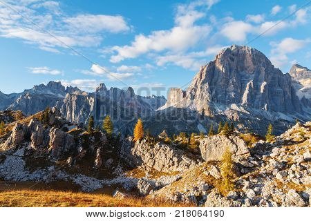 Beautiful autumn colors in Dolomites mountain Tofana peak Cinque Torri mountain in Italy Europe