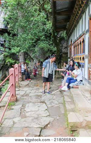 Paro, Bhutan - September 18, 2016: Tourists On The Way Back From Taktshang Palphug Monastery (the Ti