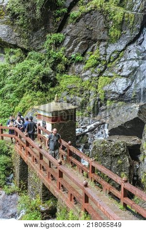 Paro, Bhutan - September 18, 2016: Tourists On The Way Back From Taktshang Palphug Monastery (the Ti