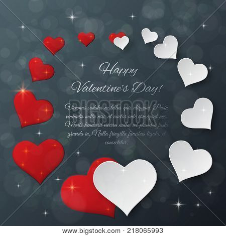 Bright Valentine day vector background. Sparkling paper hearts on bokeh background. Greeting card design
