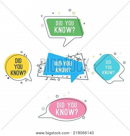 Did you know question on colorful stickers of rectangular and round shapes with black outline isolated vector illustrations set on white background.