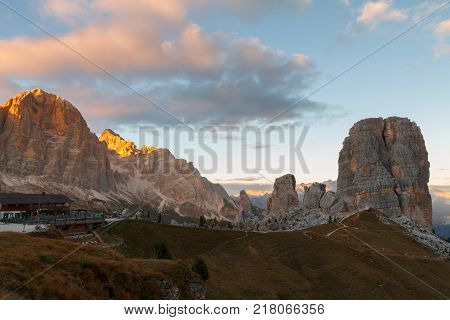 Cinque Torri Mountain, Beautiful Autumn Colors In Dolomites Mountain On The Background Tofana Peak I