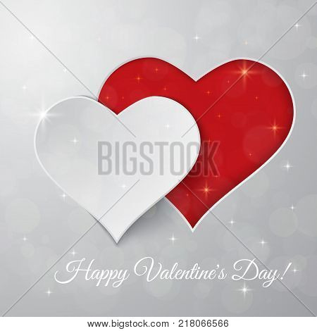 Bright Valentines day vector background. Sparkling paper hearts on bokeh background. Greeting card design