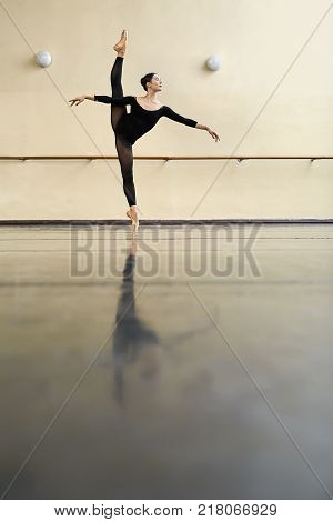 Tender ballerina with closed eyes stands on the left toe with outstretched arms in the dance hall. She wears a black dance wear and light pointe shoes. Her right leg is in the air. Vertical.