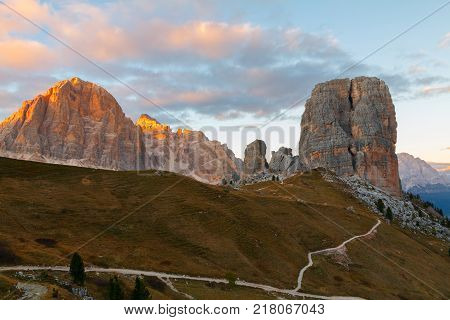 Cinque Torri Mountain, Beautiful Autumn Colors In Dolomites Mountain On The Background Tofana Peak I