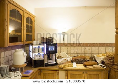 Fresh Coffee Machine For Make Hot Coffee And Bread And Loaf In Rattan Wicker Basket In Restaurant