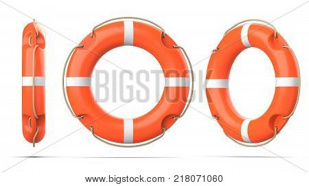 Top, side and perspective view of lifebuoy, isolated on a white background with shadow. 3d rendering set of three orange life ring buoy