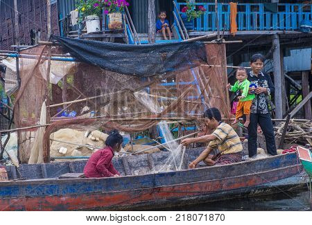 Tonle Sap Cambodia - Oct 18 : Cambodian People In Tonle Sap Lake Cambodia On October 18 2017. Tonle 