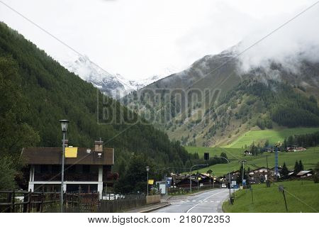 Madonna di Senales city at foot of the hill of otztal alps in Schnals city in Bolzano, Austria