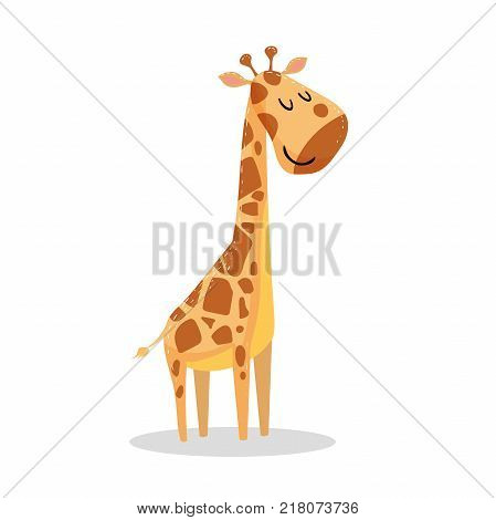 Cute cartoon trendy design little giraffe with closed eyes. African animal wildlife vector illustration icon.