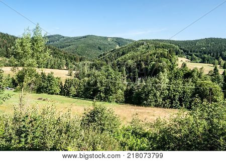 nice landscape with meadows hills of Rychlebske hory mountains forest and clear sky near Horni Lipova in Czech republic during summer
