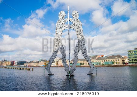 BERLIN - OCTOBER 22 2017: Molecul Man sculpture in Berlin Germany.Sculptures designed by American artist Jonathan Borofsky.